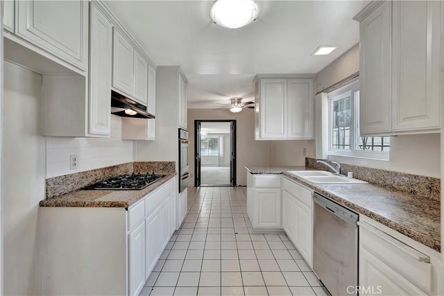 kitchen featuring stainless steel appliances, under cabinet range hood, a warming drawer, and plenty of natural light