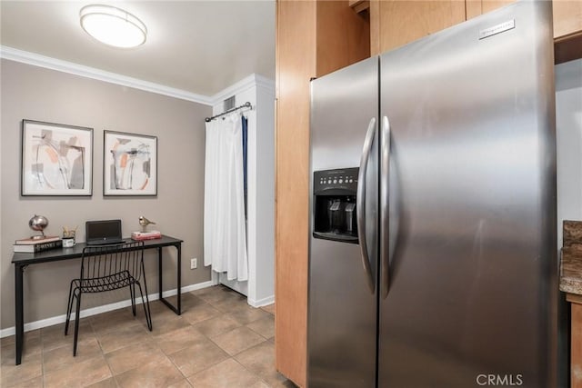 2474 S Centinela Ave Unit 4, Los Angeles, CA 90064 - kitchen featuring stainless steel refrigerator with ice dispenser, ornamental molding, baseboards, a desk, and tile patterned floors