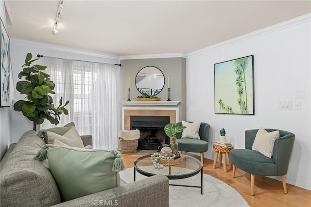 2474 S Centinela Ave Unit 4, Los Angeles, CA 90064 - living area featuring a fireplace, crown molding, rail lighting, and baseboards
