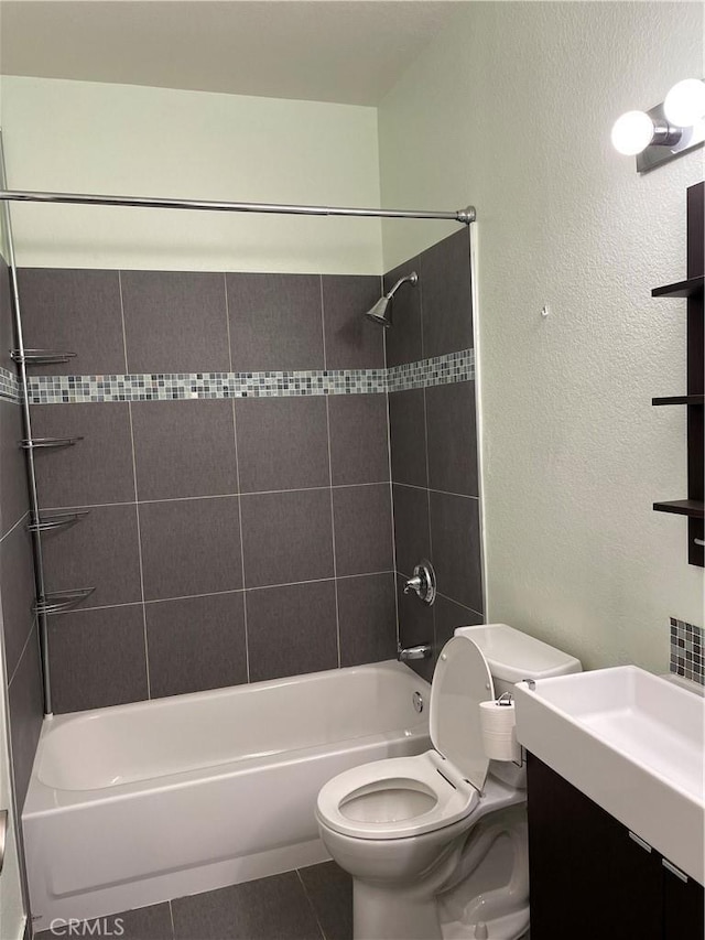 2929 Crape Myrtle Cir, Chino Hills, CA 91709 - full bath featuring toilet,  shower combination, tile patterned flooring, a textured wall, and vanity