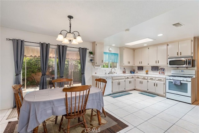 1561 W Wesley Pl, Hemet, CA 92543 - kitchen with white appliances, light countertops, a chandelier, a sink, and decorative backsplash