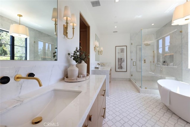 1991 Port Claridge Pl, Newport Beach, CA 92660 - bathroom with healthy amount of natural light, double vanity, a marble finish shower, and a freestanding bath