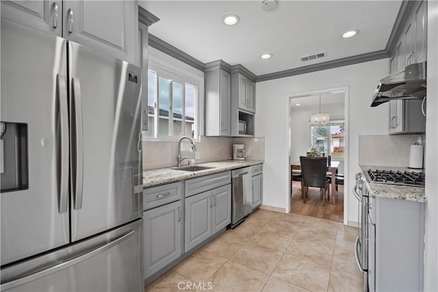 1812 S Granada Ave, Alhambra, CA 91801 - kitchen with stainless steel appliances, gray cabinetry, under cabinet range hood, a sink, and recessed lighting