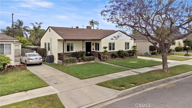 1812 S Granada Ave, Alhambra, CA 91801 - single story home featuring driveway, stucco siding, a chimney, covered porch, and central AC unit