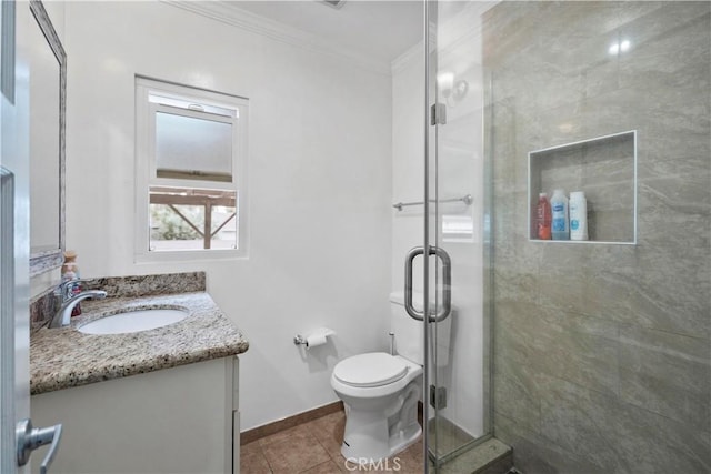 1812 S Granada Ave, Alhambra, CA 91801 - full bathroom featuring crown molding, a shower stall, vanity, tile patterned flooring, and toilet