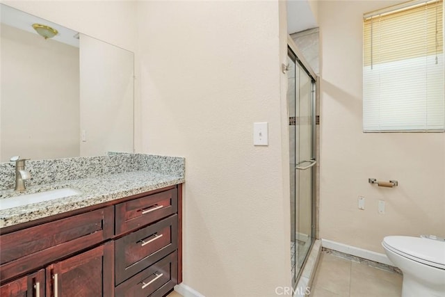 5915 Weedpatch, Bakersfield, CA 93307 - bathroom featuring vanity, a stall shower, baseboards, tile patterned floors, and toilet