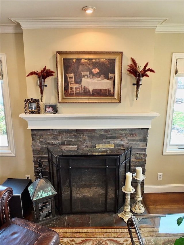 1820 Carfax Ave, Long Beach, CA 90815 - detailed view of a fireplace, crown molding, wood finished floors, and baseboards
