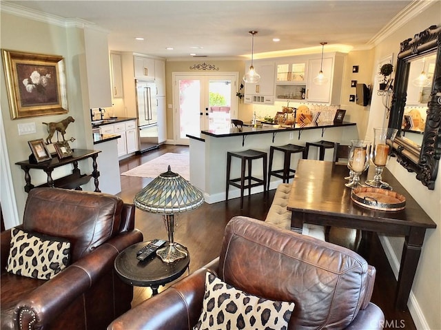 1820 Carfax Ave, Long Beach, CA 90815 - living room with dark wood-type flooring, recessed lighting, ornamental molding, baseboards, and french doors