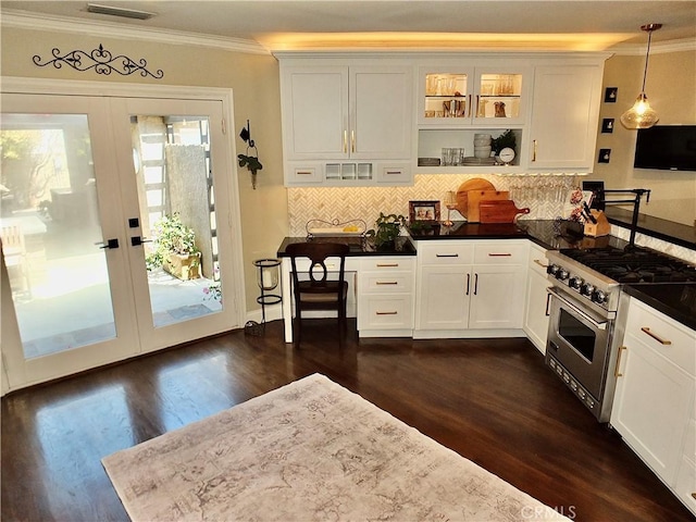 1820 Carfax Ave, Long Beach, CA 90815 - kitchen featuring high end range, french doors, crown molding, dark wood-style floors, and backsplash