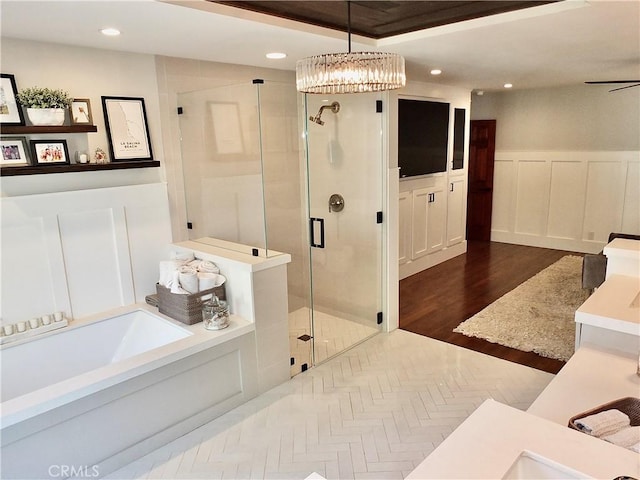 1820 Carfax Ave, Long Beach, CA 90815 - bathroom with a stall shower, a bath, wainscoting, vanity, and recessed lighting