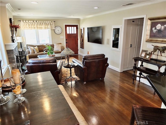 1820 Carfax Ave, Long Beach, CA 90815 - living room with ornamental molding, dark wood-type flooring, baseboards, a fireplace, and recessed lighting