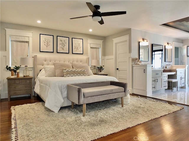 1820 Carfax Ave, Long Beach, CA 90815 - bedroom featuring wood finished floors, a wainscoted wall, a decorative wall, recessed lighting, and a ceiling fan