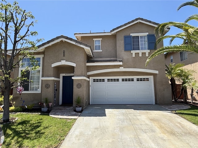 42097 Chestnut Dr, Temecula, CA 92591 - view of front of house featuring stucco siding, a garage, concrete driveway, and a front yard