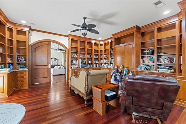 14667 Tyler St, Sylmar, CA 91342 - sitting room with a ceiling fan, ornamental molding, dark wood-style flooring, arched walkways, and recessed lighting
