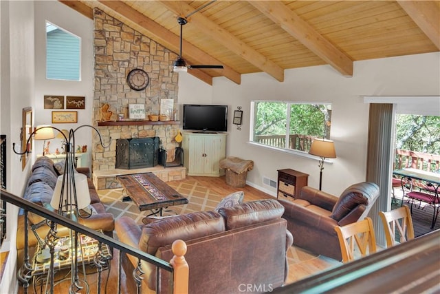 2303 Ridge Rider Rd, Bradley, CA 93426 - living area with plenty of natural light, wooden ceiling, a fireplace, and baseboards