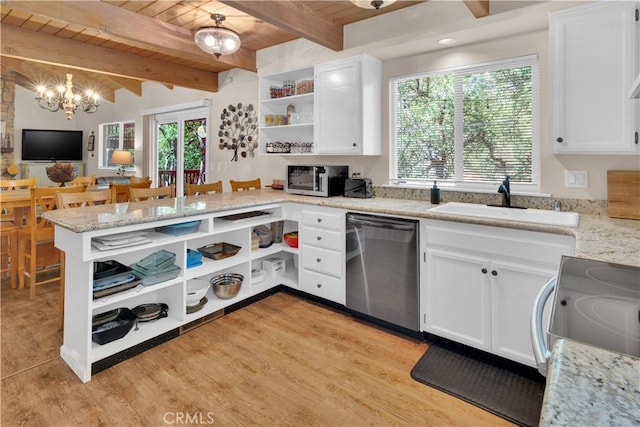 2303 Ridge Rider Rd, Bradley, CA 93426 - kitchen featuring open shelves, stainless steel appliances, a chandelier, wooden ceiling, and white cabinetry