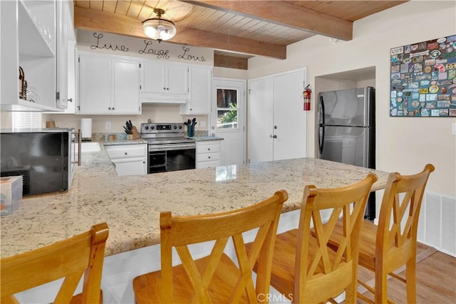 2303 Ridge Rider Rd, Bradley, CA 93426 - kitchen with stainless steel electric range, under cabinet range hood, freestanding refrigerator, a peninsula, and wooden ceiling with exposed beams