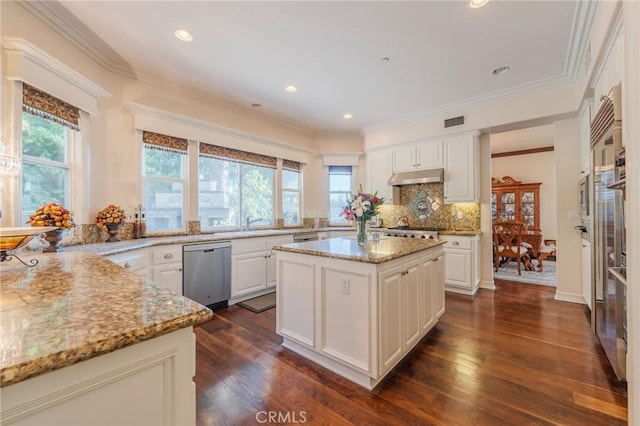 435 S Estate Dr, Orange, CA 92869 - kitchen with appliances with stainless steel finishes, under cabinet range hood, plenty of natural light, dark wood-style flooring, and recessed lighting