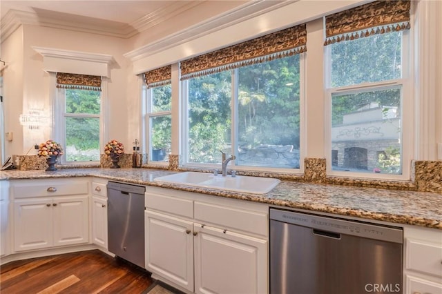 435 S Estate Dr, Orange, CA 92869 - kitchen with dishwasher, a sink, crown molding, white cabinetry, and dark wood-style floors