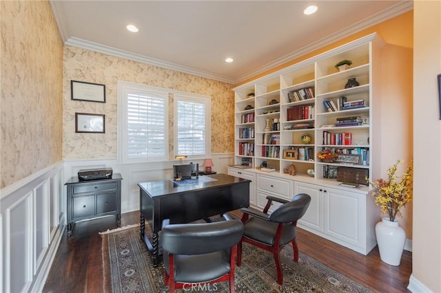 435 S Estate Dr, Orange, CA 92869 - home office featuring ornamental molding, dark wood-type flooring, a wainscoted wall, and recessed lighting