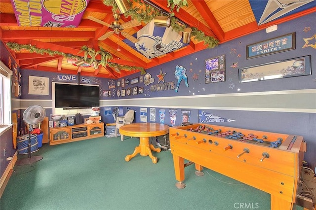 game room with carpet floors and wooden ceiling