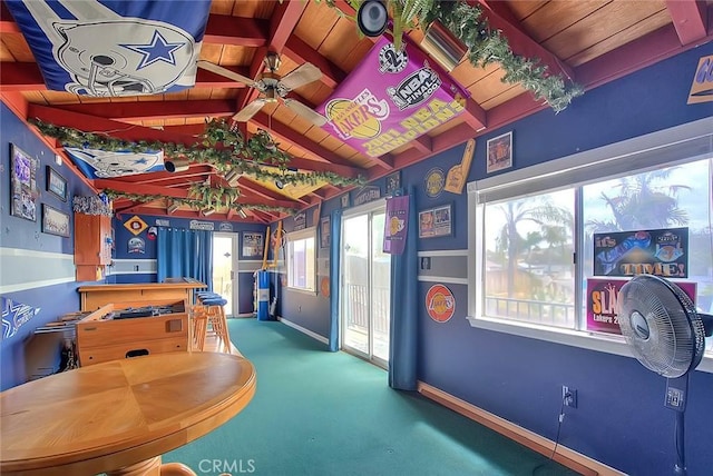 rec room featuring wood ceiling, ceiling fan, carpet flooring, and baseboards