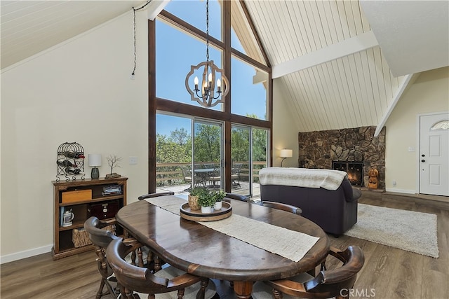 27559 N Bay, Lake Arrowhead, CA 92352 - dining area with high vaulted ceiling, a chandelier, baseboards, a stone fireplace, and wood finished floors