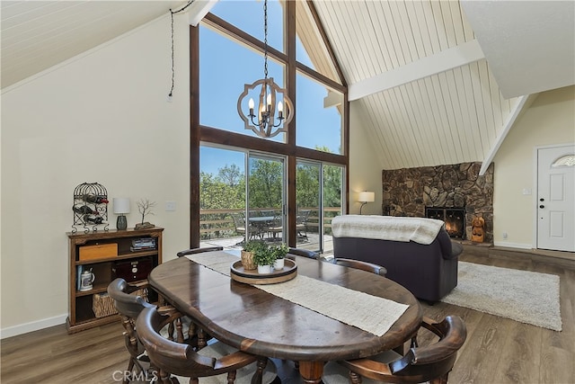 27559 N Bay, Lake Arrowhead, CA 92352 - dining space featuring high vaulted ceiling, a chandelier, baseboards, a stone fireplace, and wood finished floors