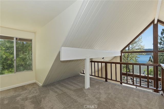 27559 N Bay, Lake Arrowhead, CA 92352 - stairway featuring plenty of natural light, carpet flooring, lofted ceiling, and baseboards