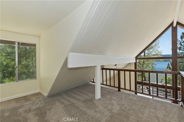 27559 N Bay, Lake Arrowhead, CA 92352 - staircase with healthy amount of natural light, carpet, lofted ceiling, and baseboards