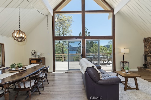 27559 N Bay, Lake Arrowhead, CA 92352 - living area featuring high vaulted ceiling, a chandelier, baseboards, wood ceiling with exposed beams, and wood finished floors
