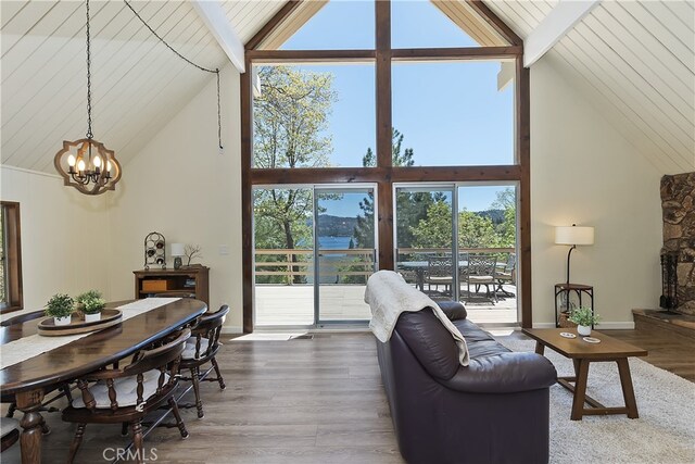 27559 N Bay, Lake Arrowhead, CA 92352 - living room with high vaulted ceiling, a chandelier, baseboards, wood finished floors, and wood ceiling with exposed beams