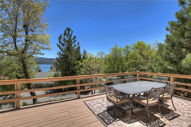27559 N Bay, Lake Arrowhead, CA 92352 - wooden terrace with outdoor dining area and a water view