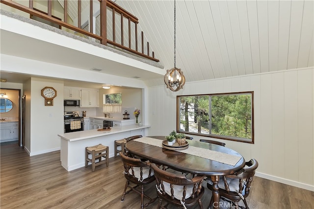27559 N Bay, Lake Arrowhead, CA 92352 - dining area featuring wood finished floors, baseboards, a chandelier, and lofted ceiling