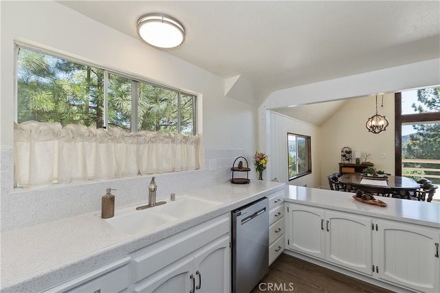 27559 N Bay, Lake Arrowhead, CA 92352 - kitchen with stainless steel dishwasher, a sink, light countertops, dark wood finished floors, and white cabinets