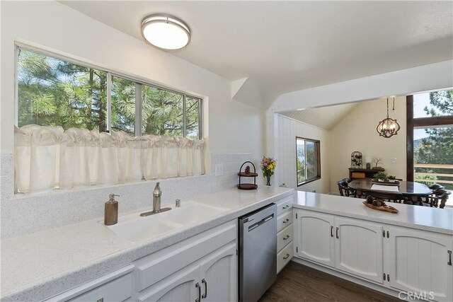 27559 N Bay, Lake Arrowhead, CA 92352 - kitchen featuring stainless steel dishwasher, a sink, light countertops, dark wood-style floors, and white cabinets