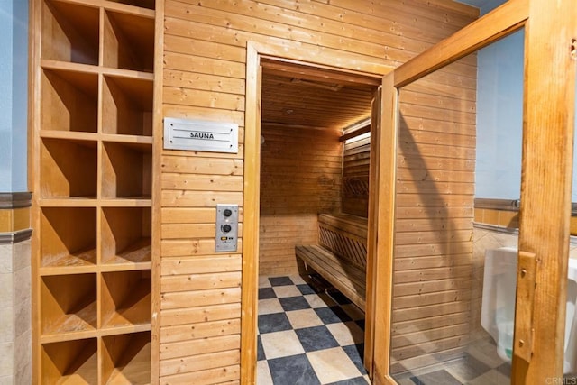 1465 C St Unit 3416, San Diego, CA 92101 - relaxing sauna / steam room featuring wood walls, tile patterned floors, and wooden ceiling