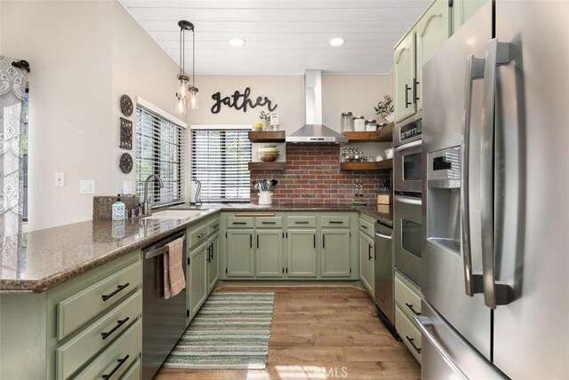 25311 Darlington, Mission Viejo, CA 92692 - kitchen with appliances with stainless steel finishes, green cabinetry, wall chimney range hood, open shelves, and a sink
