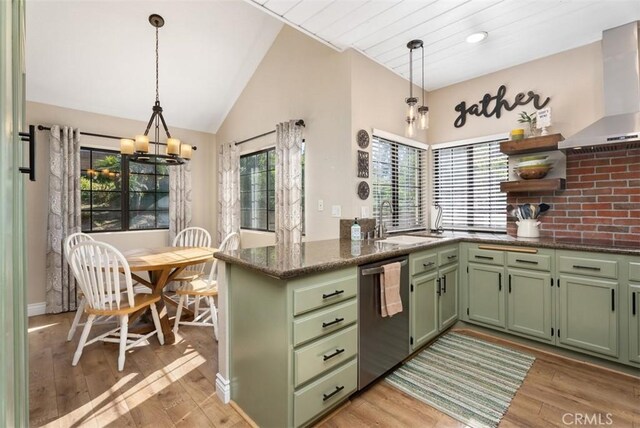 25311 Darlington, Mission Viejo, CA 92692 - kitchen with green cabinets, stainless steel dishwasher, wall chimney exhaust hood, open shelves, and plenty of natural light