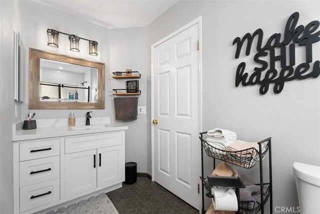 25311 Darlington, Mission Viejo, CA 92692 - bathroom with toilet, vanity, a shower, and tile patterned flooring