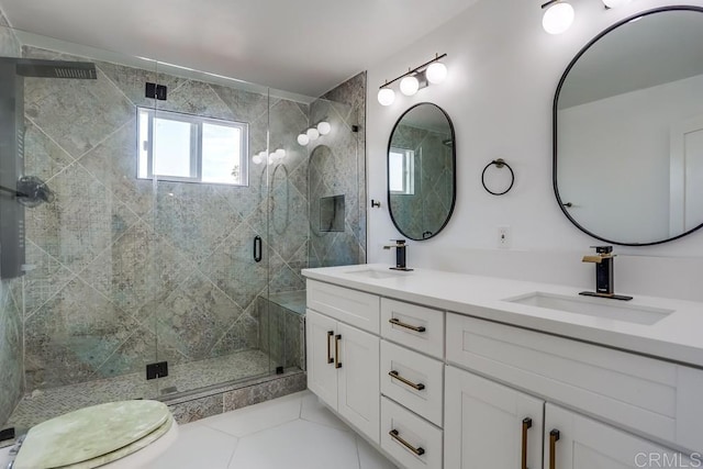 5028 Monroe Ave, San Diego, CA 92115 - bathroom featuring a stall shower, double vanity, tile patterned flooring, and toilet