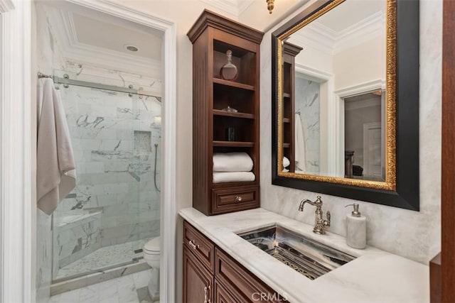 3 Blue Spruce Dr, Ladera Ranch, CA 92694 - bathroom featuring ornamental molding, a marble finish shower, marble look tiles, and vanity