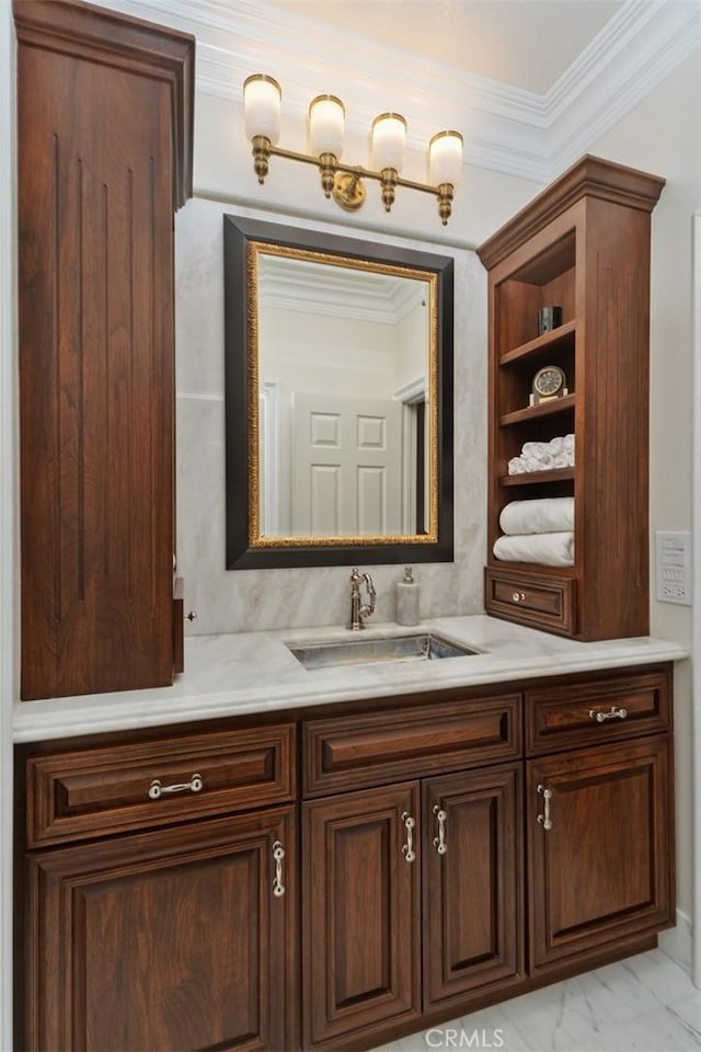 3 Blue Spruce Dr, Ladera Ranch, CA 92694 - bathroom featuring vanity, ornamental molding, and marble look tiles