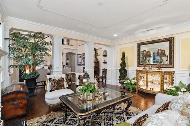 3 Blue Spruce Dr, Ladera Ranch, CA 92694 - living room featuring decorative columns, a decorative wall, hardwood / wood-style flooring, and crown molding