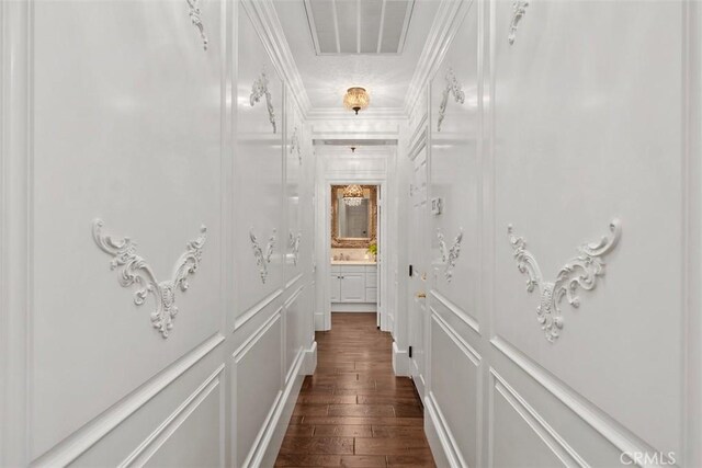 3 Blue Spruce Dr, Ladera Ranch, CA 92694 - hall with dark wood-style floors, ornamental molding, and a decorative wall