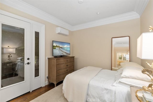 3 Blue Spruce Dr, Ladera Ranch, CA 92694 - bedroom with a wall mounted AC, ornamental molding, and wood finished floors