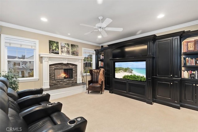 3 Blue Spruce Dr, Ladera Ranch, CA 92694 - carpeted living room featuring a fireplace, crown molding, ceiling fan, and recessed lighting