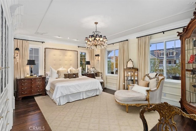 3 Blue Spruce Dr, Ladera Ranch, CA 92694 - bedroom with a chandelier, dark wood-style floors, ornamental molding, and multiple windows