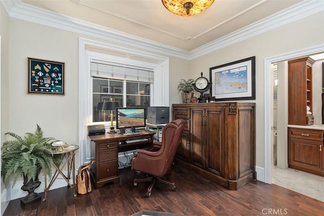 3 Blue Spruce Dr, Ladera Ranch, CA 92694 - home office featuring hardwood / wood-style floors, crown molding, and a raised ceiling