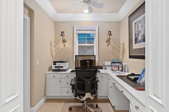3 Blue Spruce Dr, Ladera Ranch, CA 92694 - office area with built in study area, crown molding, a ceiling fan, and light tile patterned flooring